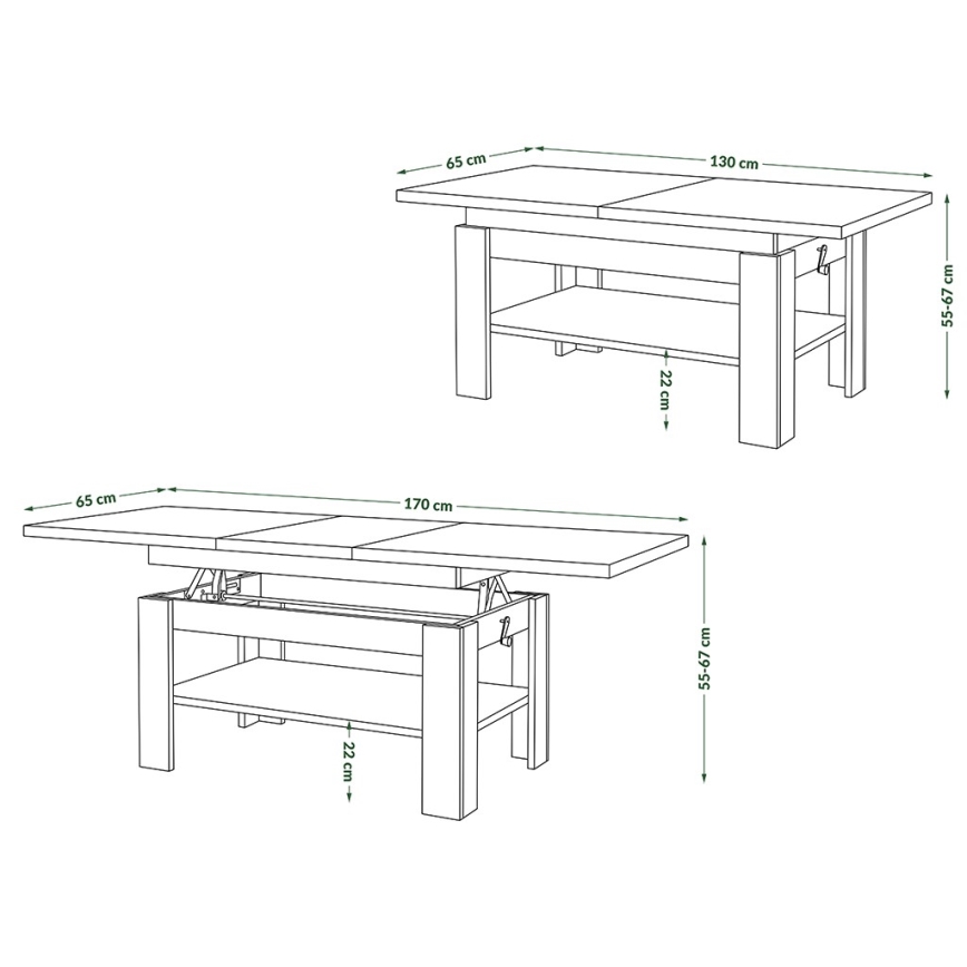 Rozkládací konferenční se zvedací deskou ROY 130/170x65 cm bílá