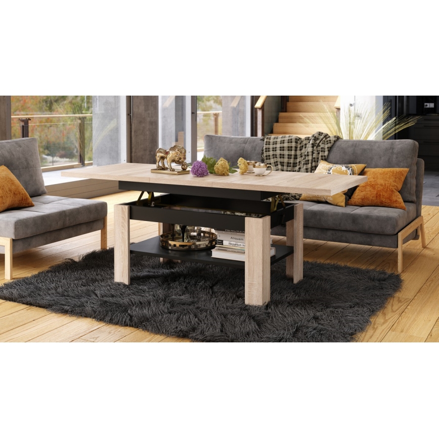 Rozkládací konferenční se zvedací deskou ROY 130/170x65 cm dub sonoma/černá