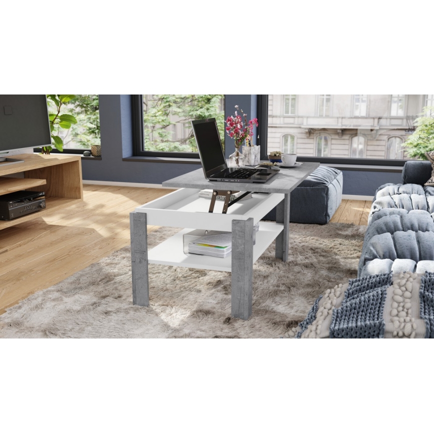 Rozkládací konferenční stůl se zvedací deskou a policí ADEN šedá beton/bílá