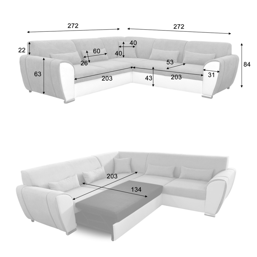 Rozkládací rohová sedací souprava s úložným prostorem do L VISEU levá šedá/bílá
