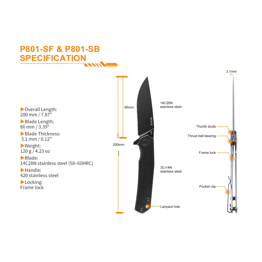 Ruike RUP801SB - Zavírací kapesní nůž 20 cm šedá
