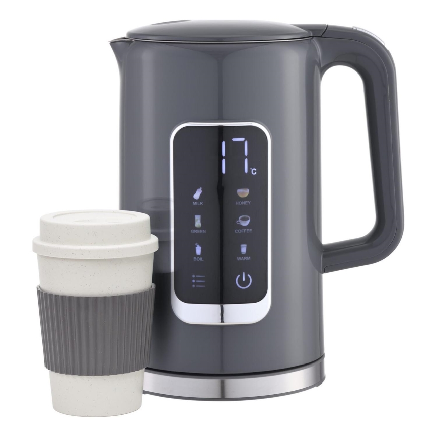 Rychlovarná konvice s LCD displejem 1,7 l 2200W/230V šedá + cestovní hrnek 450 ml