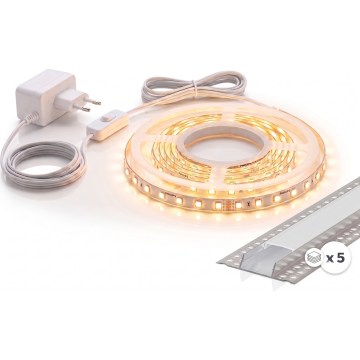SADA 1x LED Pásek MYLIVING LIGHTSTRIP LED/22W/230V 5 m + 5x vestavný profil 1 m stříbrná/bílá