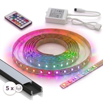 SADA 1x LED RGBW Stmívatelný pásek DIGITAL LED/16,5W/230V 5 m + 5x vestavný profil 1 m černá/bílá + dálkové ovládání