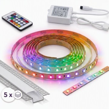 SADA 1x LED RGBW Stmívatelný pásek DIGITAL LED/16,5W/230V 5 m + 5x vestavný profil 1 m stříbrná/bílá + dálkové ovládání