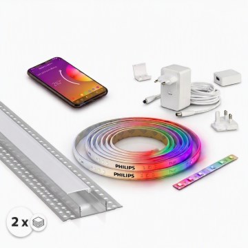 SADA 1x LED RGBW Stmívatelný pásek Philips Hue WHITE AND COLOR AMBIANCE LED/20W/230V 2 m + 2x vestavný profil 1 m stříbrná/bílá