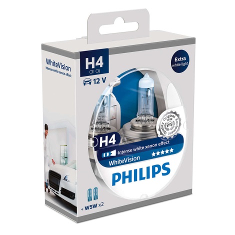SADA 2x Autožárovka Philips WHITEVISION 12342WHVSM H4 PX26d/60W/55W/12V 3700K+2 poziční žárovky