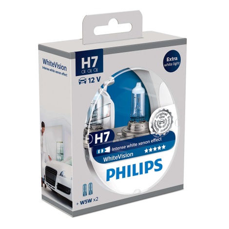 SADA 2x Autožárovka Philips WHITEVISION 12972WHVSM H7 PX26d/55W/12V 3700K + 2 poziční žárovky