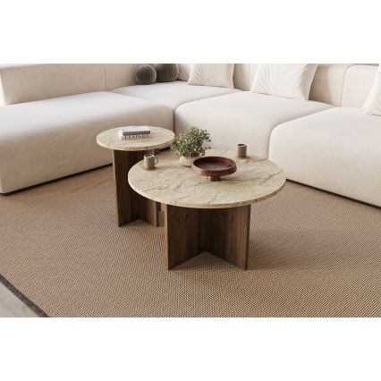 SADA 2x Konferenční stolek PURO pr. 40/70 cm ořech/travertin