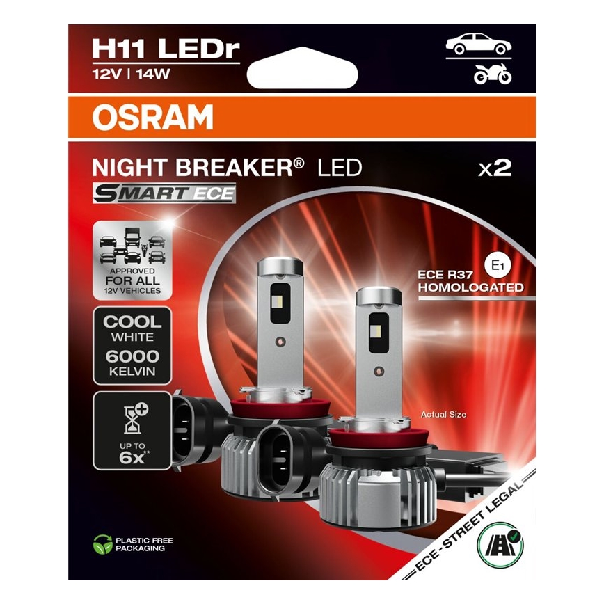 SADA 2x LED Autožárovka NIGHT BREAKER SMART H11 PGJ19-2/14W/12V 6000K - Osram