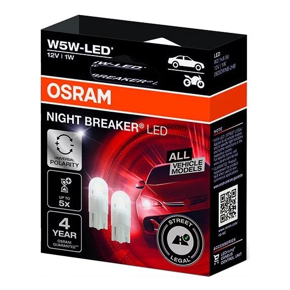 SADA 2x LED Autožárovka NIGHT BREAKER W2.1x9.5d/1W/12V 5700K - Osram