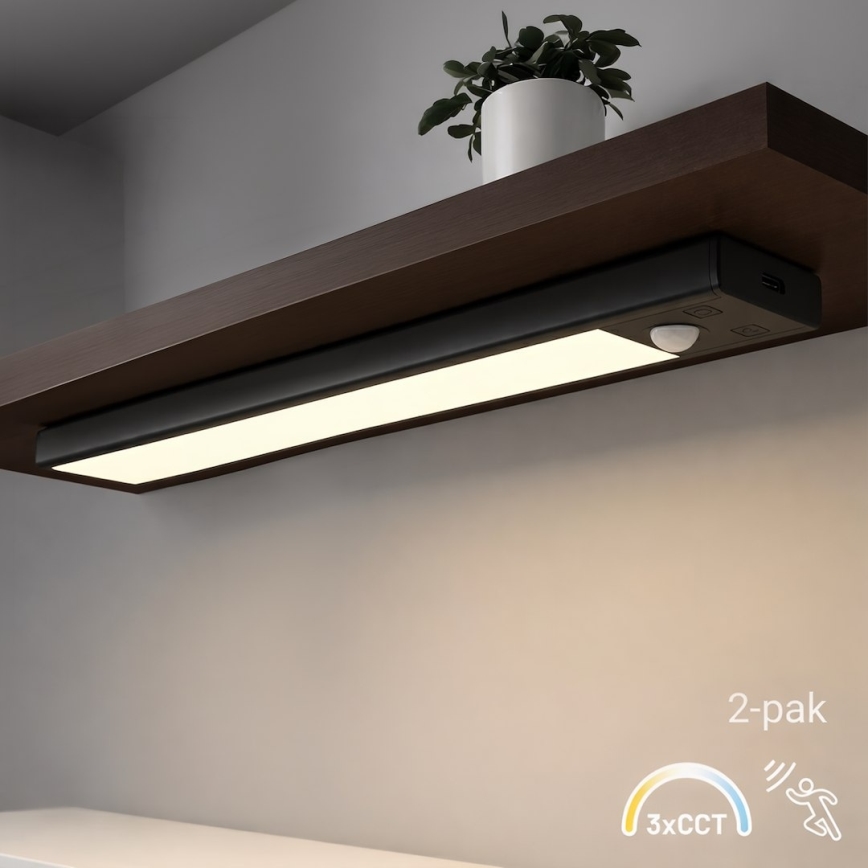 SADA 2x LED Nabíjecí osvětlení nábytku se senzorem pohybu a soumraku VIRO LED/1,2W/3,7V 800 mAh 3000/4000/6500K 30 cm černá