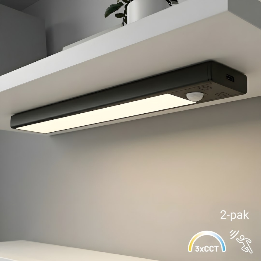 SADA 2x LED Nabíjecí osvětlení nábytku se senzorem pohybu a soumraku VIRO LED/1W/3,7V 800 mAh 3000/4000/6500K 20 cm černá