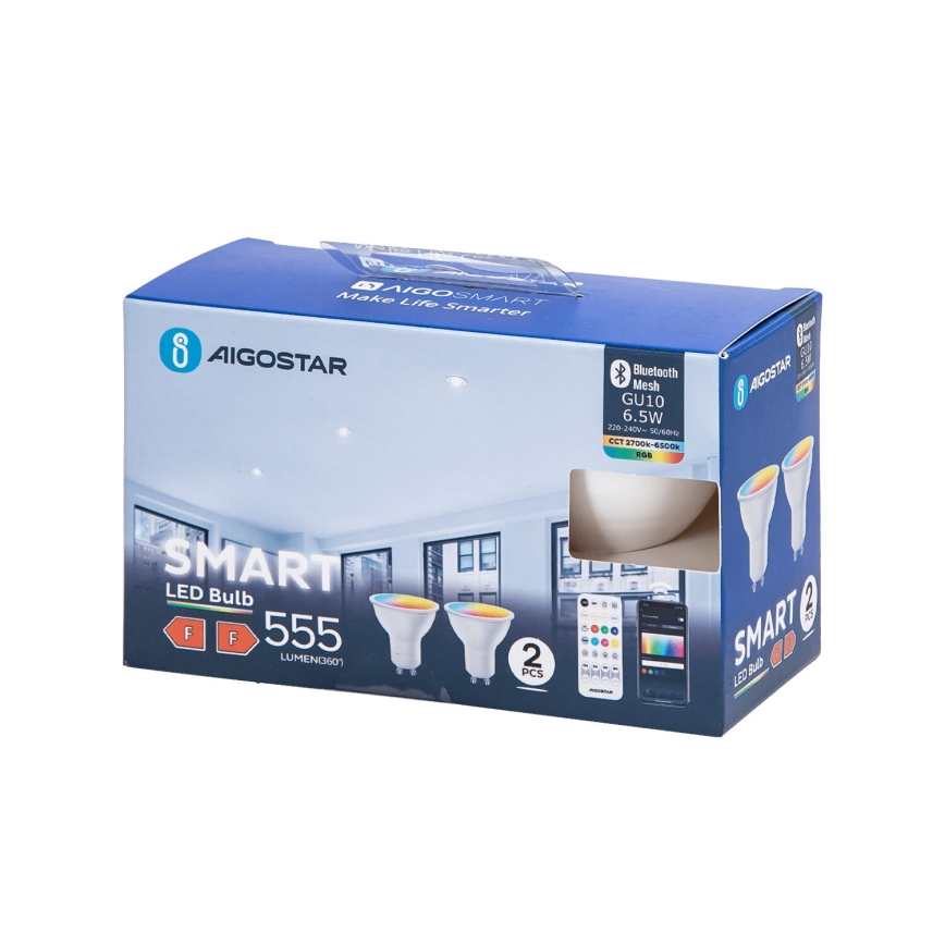 SADA 2x LED RGBW Stmív. žárovka MESH Smart GU10/6,5W/230V 2700-6500K + dálkové ovládání - Aigostar