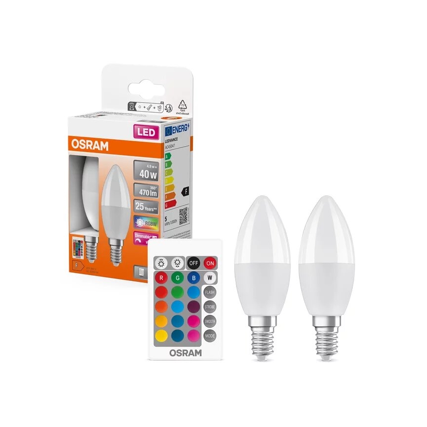 SADA 2x LED RGBW Stmívatelná žárovka B38 E14/4,9W/230V 2700K + dálkové ovládání - Osram