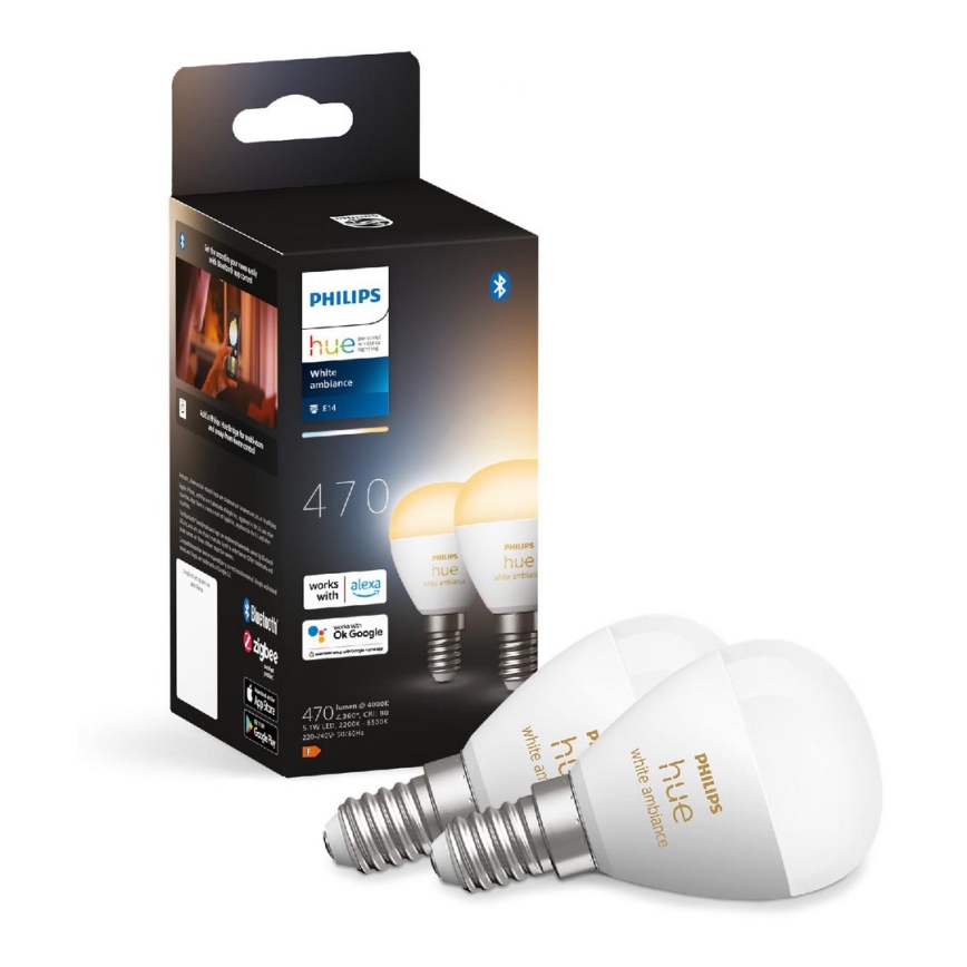 SADA 2x LED Stmívatelná žárovka Philips Hue WHITE AMBIANCE P45 E14/5,1W/230V 2200-6500K