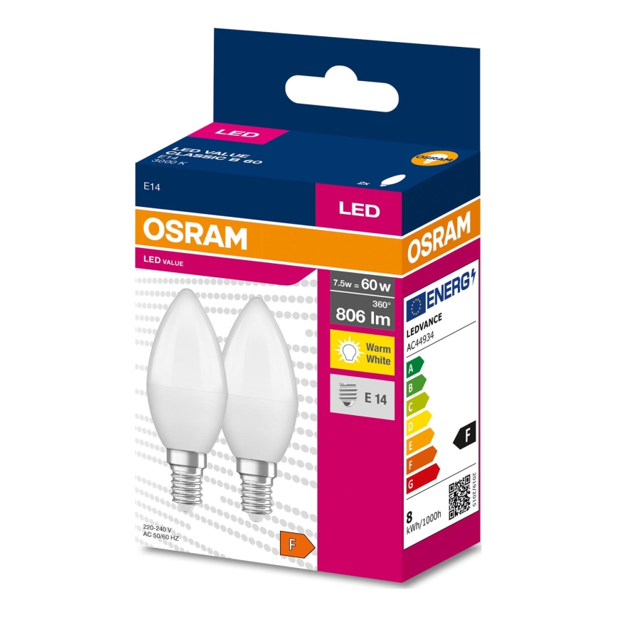 SADA 2x LED Žárovka B38 E14/7,5W/230V 3000K - Osram