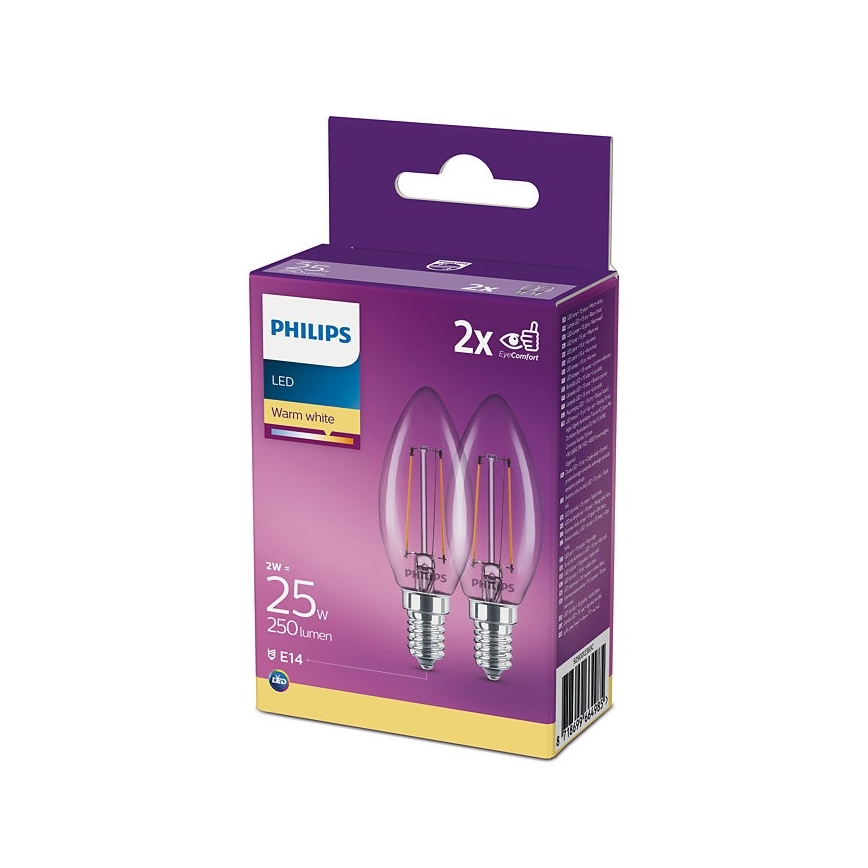 SADA 2x LED Žárovka Philips B35 E14/2W/230V 2700K