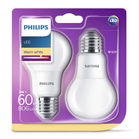 SADA 2x LED žárovka Philips E27/8W/230V