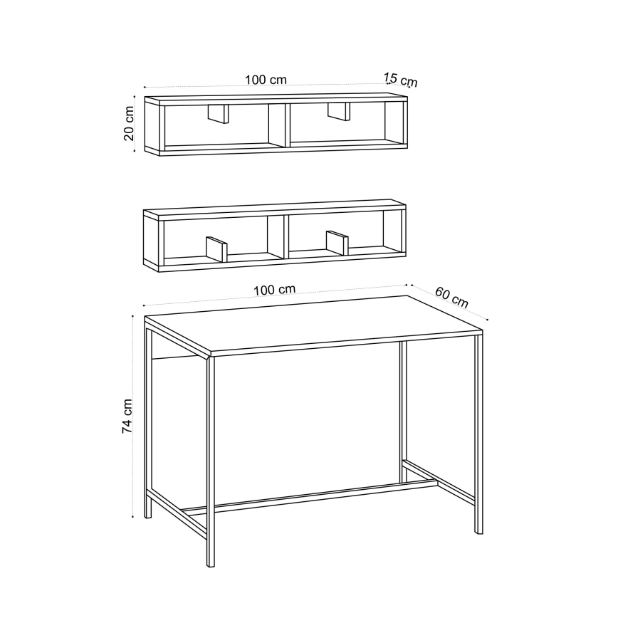 SADA 2x Nástěnná police PENNY 20x100 cm + pracovní stůl 74x100 cm hnědá/černá