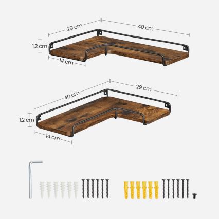 Sada 2x nástěnná police SHELFY 40x10x29 cm hnědá/černá