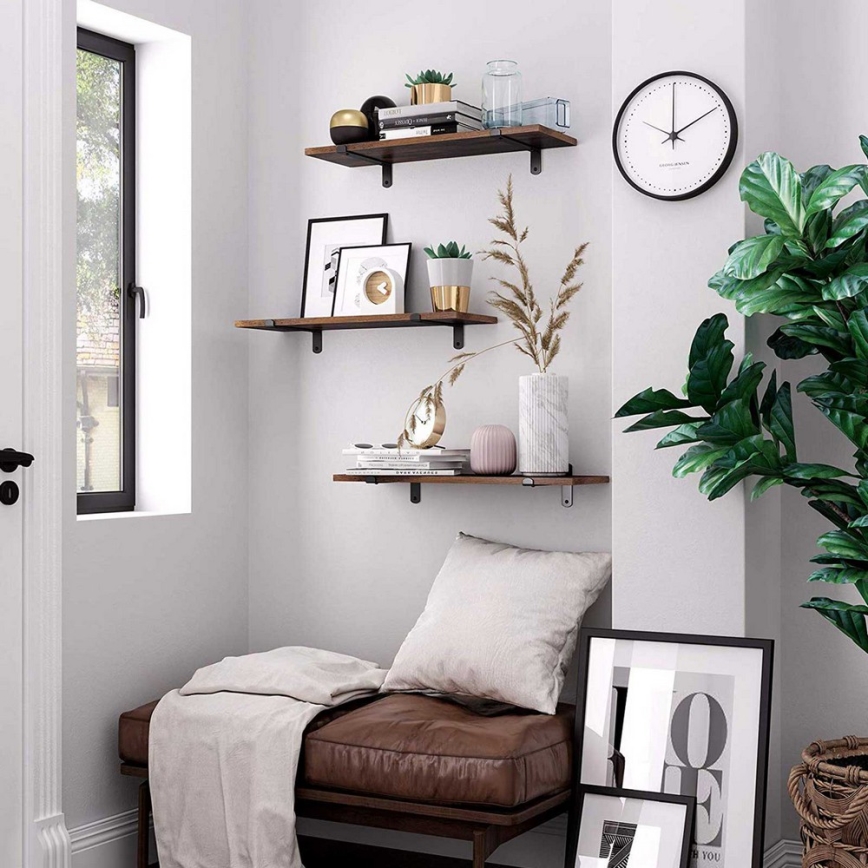 Sada 2x nástěnná police SHELFY hnědá/černá