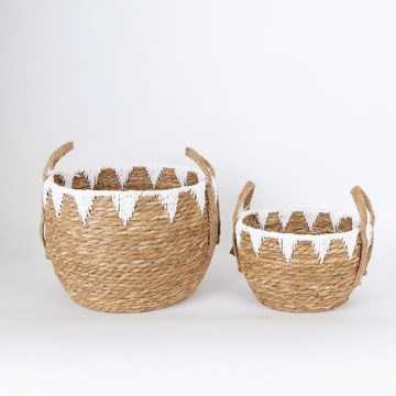 SADA 2x Slaměný košík béžová/bílá 32x16,5x18/24x23,5x26 cm