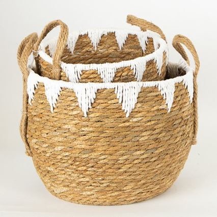 SADA 2x Slaměný košík béžová/bílá 32x16,5x18/24x23,5x26 cm
