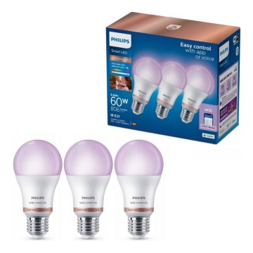 SADA 3x LED RGB Stmívatelná žárovka Philips SMART A60 E27/8,8W/230V 2200-6500K