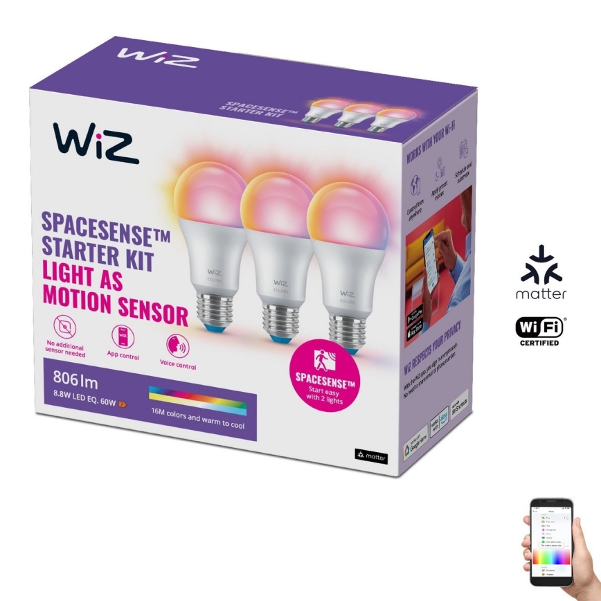 SADA 3x LED RGBW Stmívatelná žárovka A60 E27/8,8W/230V 2200-6500K Wi-Fi - WiZ