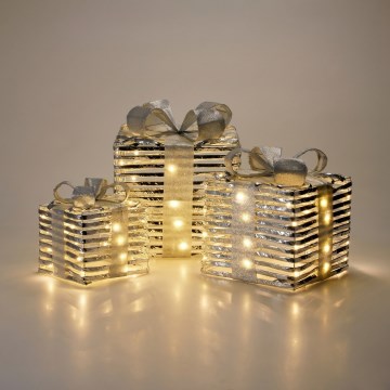 SADA 3x LED Vánoční dekorace 20xLED/2xAA + 30xLED/3xAA + 40xLED/3xAA teplá bílá dárky/stříbrná