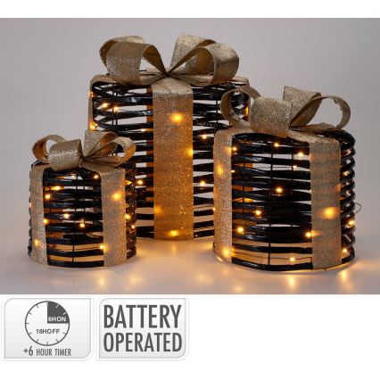 SADA 3x LED Vánoční dekorace 20xLED/2xAA + 30xLED/3xAA + 40xLED/3xAA teplá bílá dárky/černá