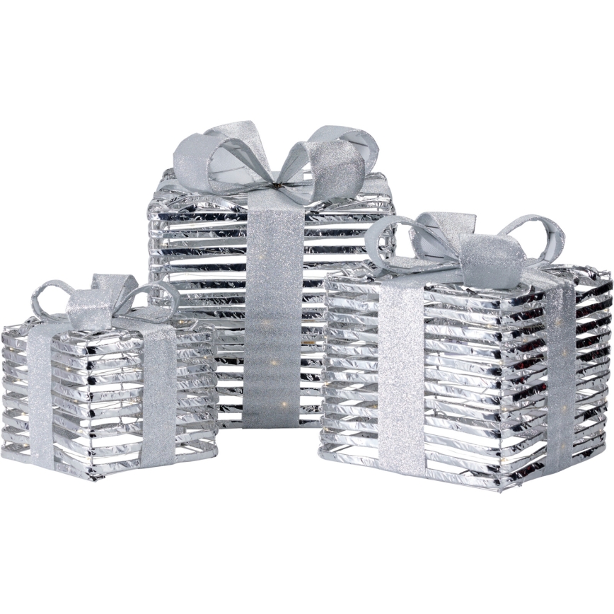 SADA 3x LED Vánoční dekorace 20xLED/2xAA + 30xLED/3xAA + 40xLED/3xAA teplá bílá dárky/stříbrná