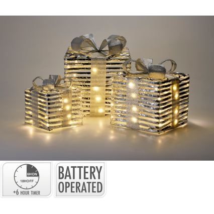 SADA 3x LED Vánoční dekorace 20xLED/2xAA + 30xLED/3xAA + 40xLED/3xAA teplá bílá dárky/stříbrná