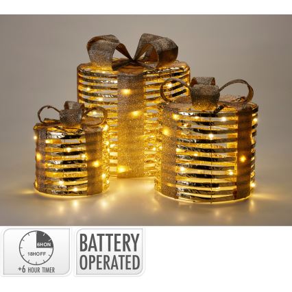SADA 3x LED Vánoční dekorace 20xLED/2xAA + 30xLED/3xAA + 40xLED/3xAA teplá bílá dárky/zlatá