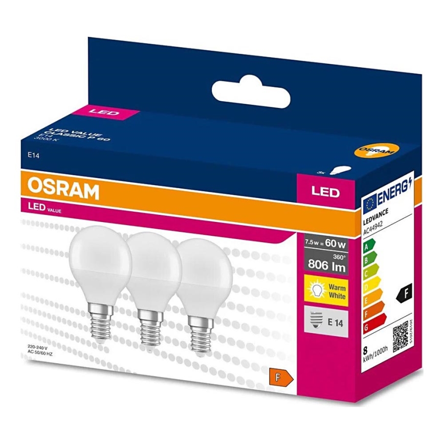 SADA 3x LED Žárovka P45 E14/7,5W/230V 3000K - Osram