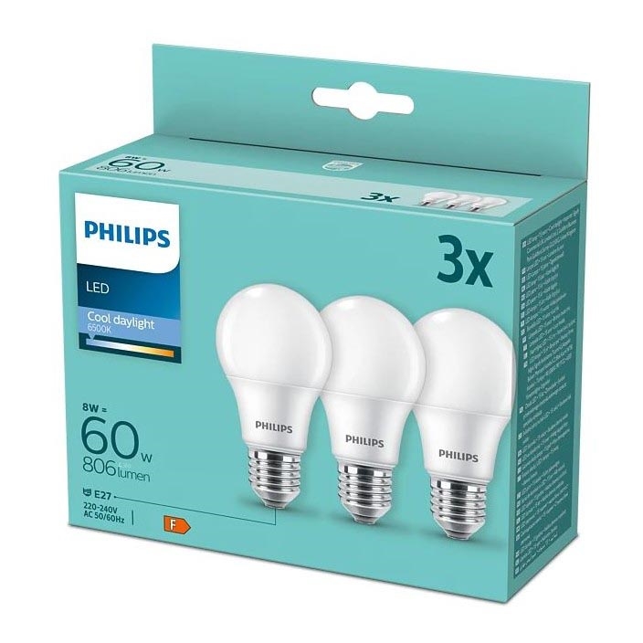 SADA 3x LED Žárovka Philips A60 E27/8W/230V 6500K