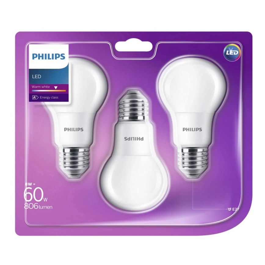 SADA 3x LED Žárovka Philips E27/8W/230V 2700K