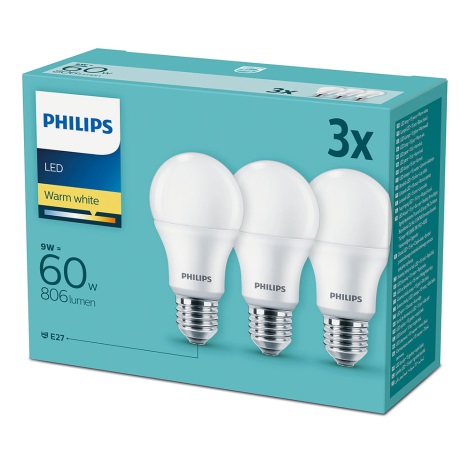 Sada 3x LED Žárovka Philips E27/9W/230V 2700K