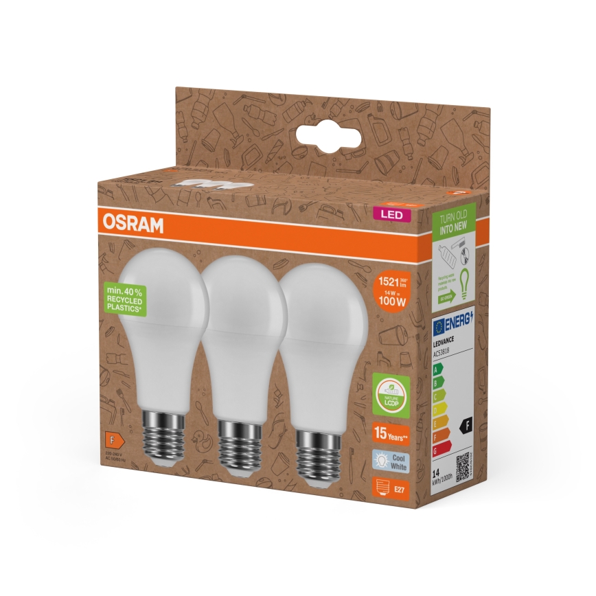 SADA 3x LED Žárovka z recyklovaného plastu A100 E27/14W/230V 4000K - Osram
