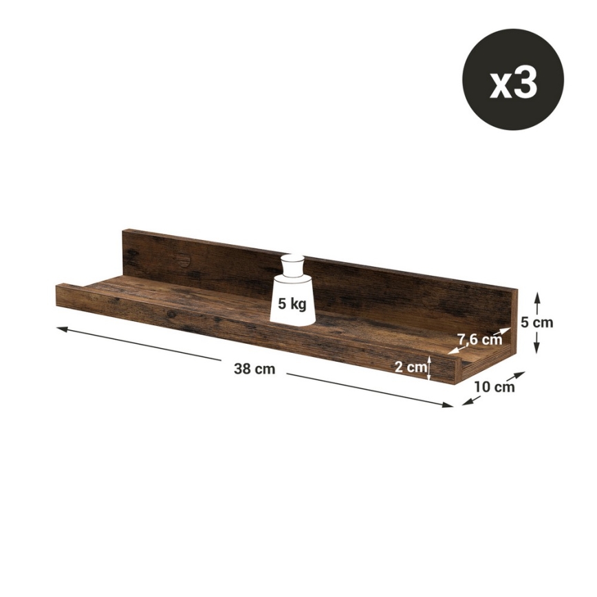 Sada 3x Nástěnná police SHELFY 38x5x10 cm hnědá