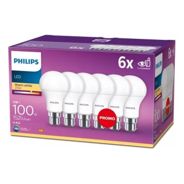 SADA 6x LED Žárovka Philips A60 B22/13W/230V 2700K