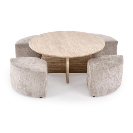 SADA Konferenční stolek NUGAT pr. 80 cm + 4x taburet travertin/šedá