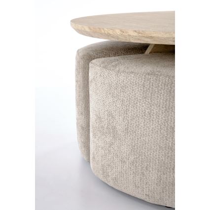 SADA Konferenční stolek NUGAT pr. 80 cm + 4x taburet travertin/šedá