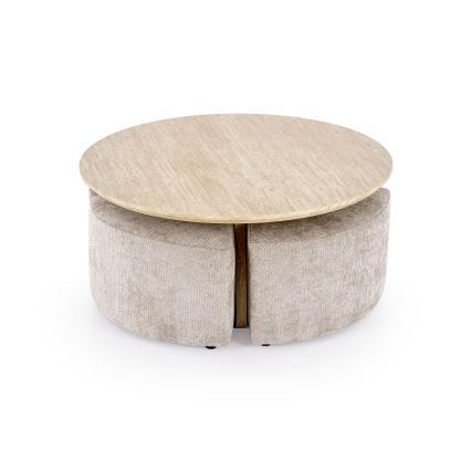 SADA Konferenční stolek NUGAT pr. 80 cm + 4x taburet travertin/šedá