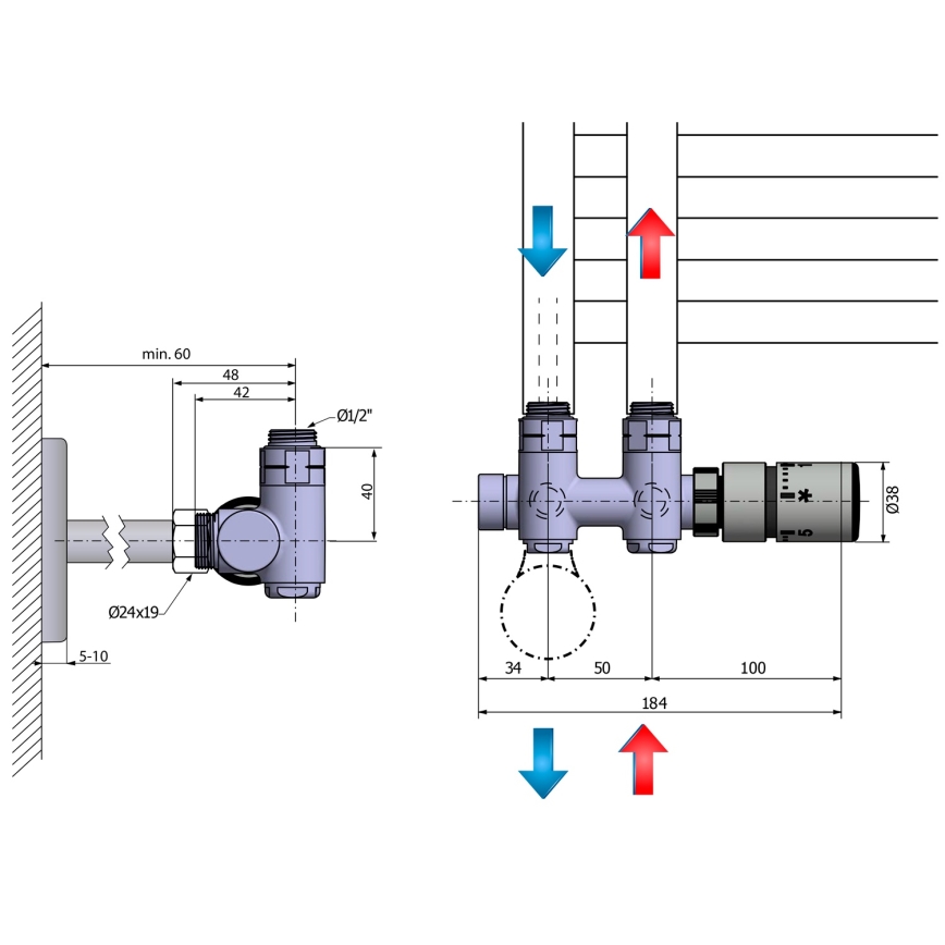 Sapho - Připojovací termostatická sada pro středové připojení TWIN COMBI pravá/matná nerez