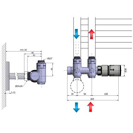 Sapho - Připojovací termostatická sada pro středové připojení TWIN COMBI pravá/lesklý chrom