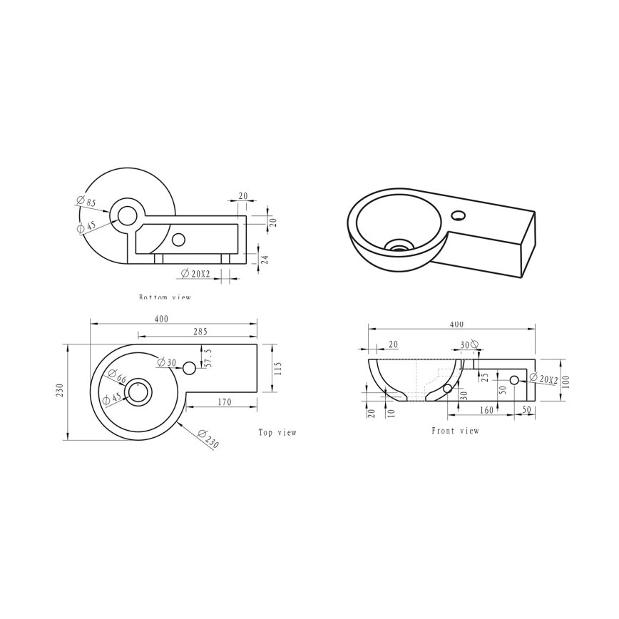 Sapho - Rohové závěsné umyvadlo BLOK 40x23 cm pravá/antracit