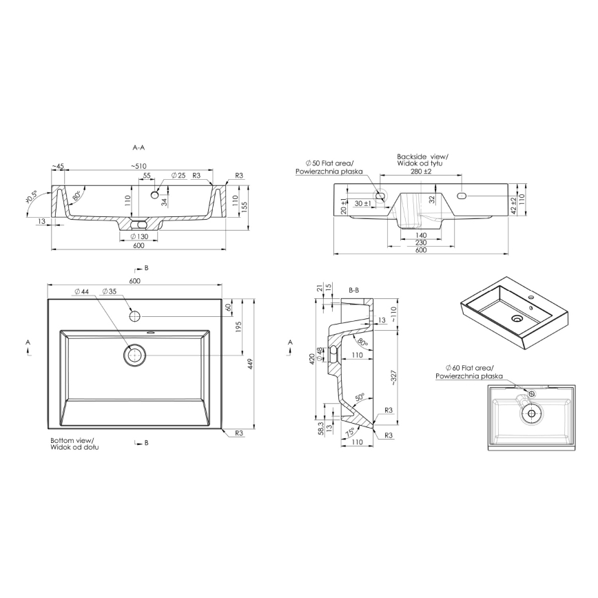 Sapho - Umyvadlo na desku ORINOKO 60x45 cm mramor/bílá