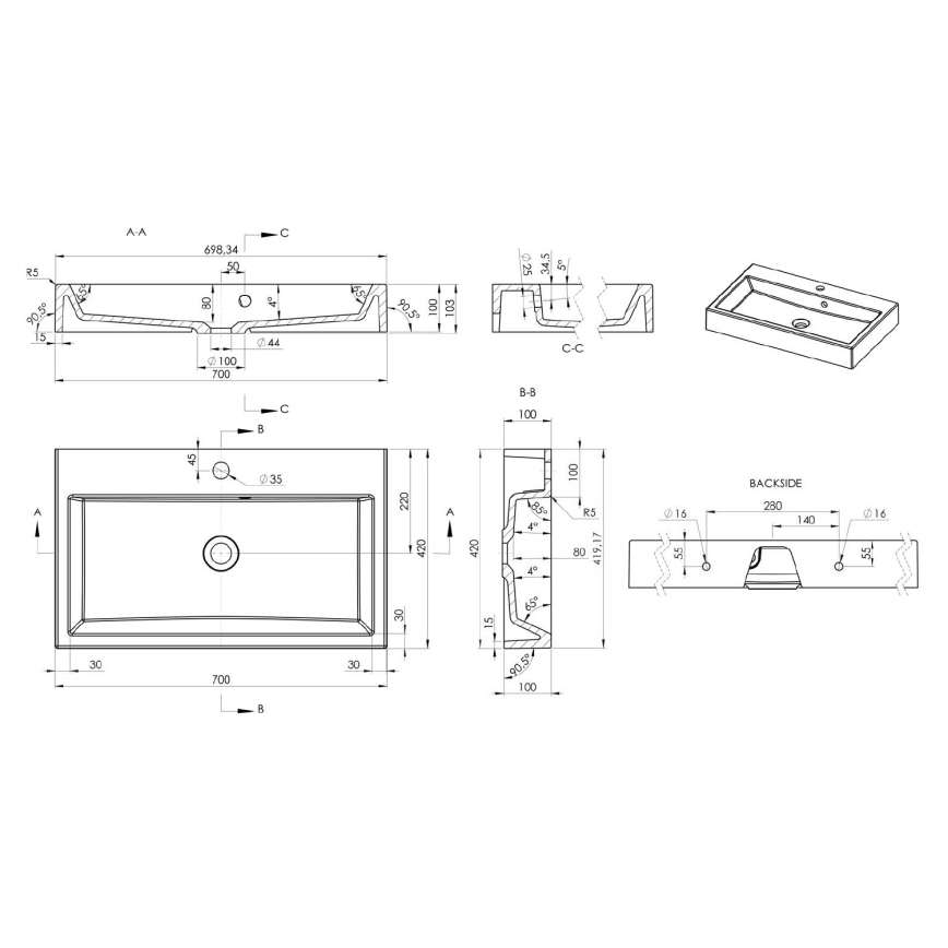 Sapho - Umyvadlo na desku ORINOKO 70x42 cm mramor/bílá